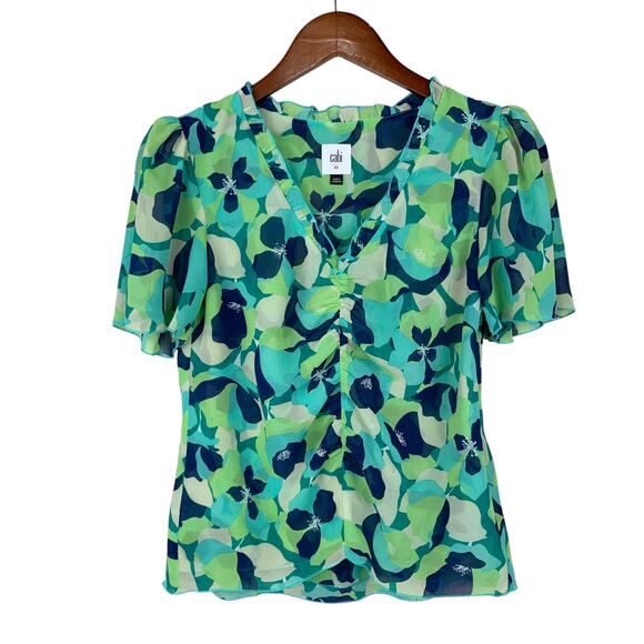 CAbi Tops - Cabi Trixie Top Blouse Green Blue Floral Short Puff Sleeves 6087 Women's XS